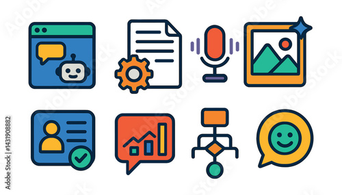 AI-powered tools apps: chatbot window, document summarizer, voice dictation icon, image enhancer, smart recommendation icon, daily insights bubble, workflow automation, sentiment analyzer.