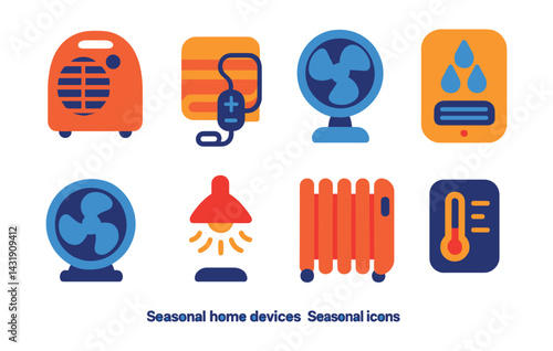 Flat vector icons of seasonal home devices: portable heater, electric blanket, cooling fan, dehumidifier, air circulator, heat lamp, oil radiator, climate sensor.