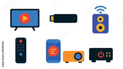 Flat vector icons of entertainment appliances: smart TV, streaming stick, soundbar, wireless speaker, remote control, voice assistant icon, projector, media center hub.