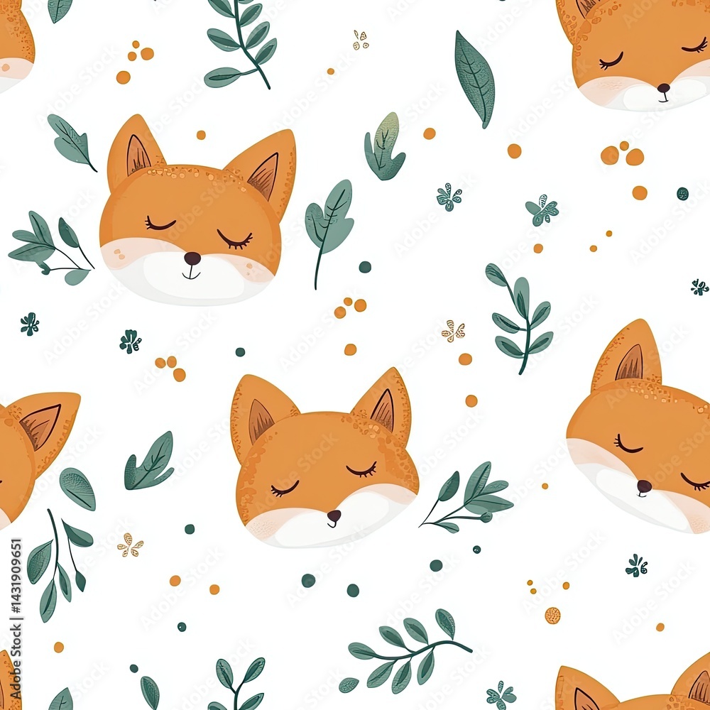 Obraz premium Adorable Fox Faces Seamless Pattern: Cute Woodland Creatures Design with Leaves and Flowers for Textile, Fabric, Wallpaper, and Kids Products