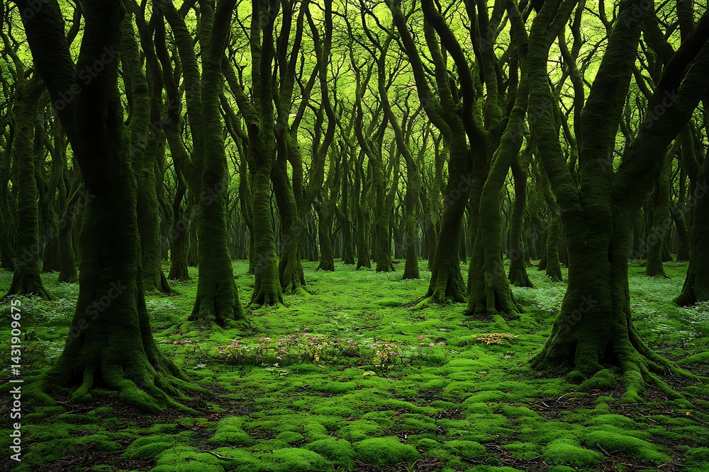 Obraz premium A Verdant Enchanted Forest Beckons with Mysterious Depths and Lush Greenery in Tranquil
