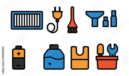 Flat vector icons of appliance accessories: replacement filter, power cord, cleaning brush, attachment set, remote battery icon, water tank, accessory holder, tool compartment.