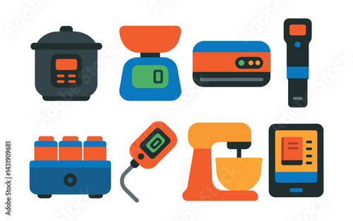 Flat vector icons of multifunctional kitchen gadgets: multicooker, food scale with display, vacuum sealer, sous-vide device, yogurt maker, digital thermometer, dough mixer, smart recipe scale.