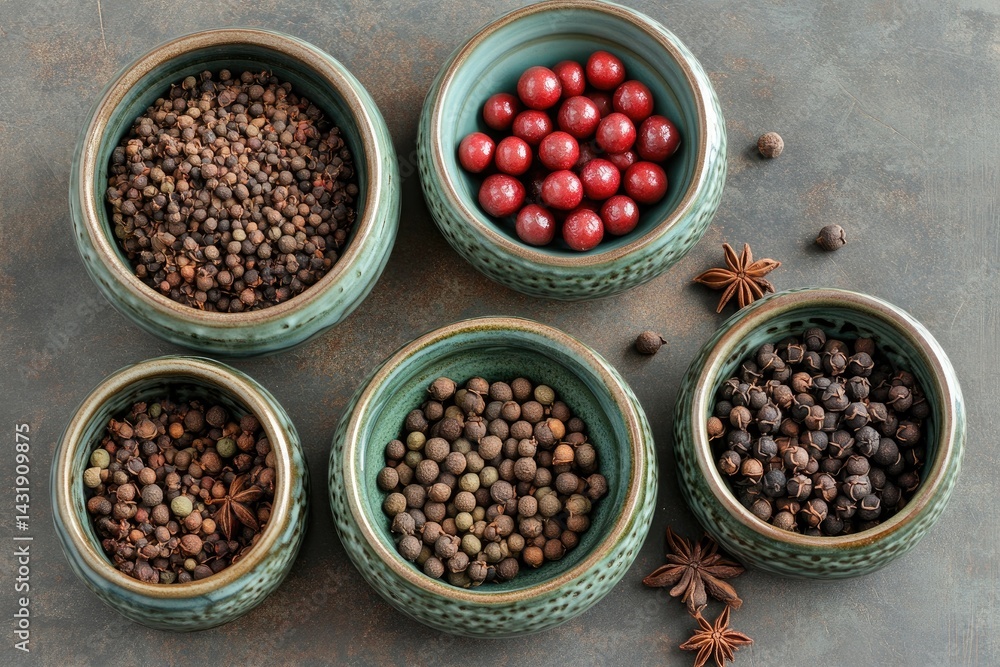 Spice Bowls with Various Peppercorns Spice Bowls with Various Peppercorns