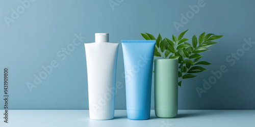 Wallpaper Mural Three different colored cosmetic bottles in white, blue, and green stand side by side on a surface. A branch with green leaves is positioned to the right of the bottles Torontodigital.ca