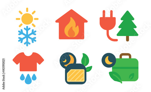 Flat vector icons of seasonal appliance modes: summer cooling, winter heating, holiday standby mode, rain drying, allergy filter mode, fast defrost, night silence mode, eco holiday mode.
