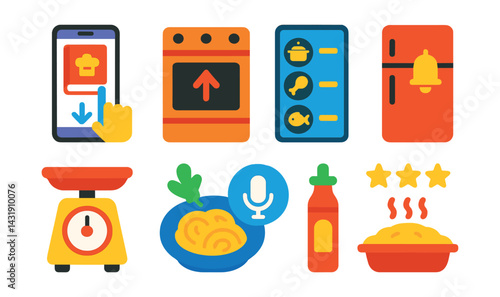 Flat vector icons of cooking automation: recipe selector, auto-preheat icon, smart cooking modes, ingredient reminder, weight detection, dish suggestion, voice recipe guide, cooking result rating.