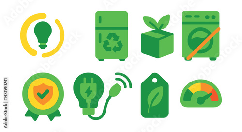 eco-friendly appliances: low energy mode, recyclable parts symbol, eco-friendly packaging, low noise icon, long lifespan badge, smart power use, green appliance tag, sustainability meter.