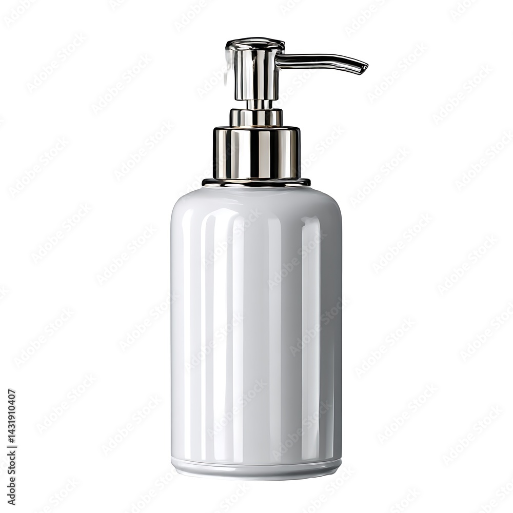 Obraz premium A purple lotion bottle with a silver pump dispenser, isolated on a clean white background