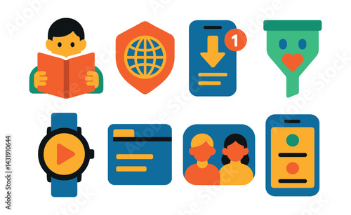 mindful content consumption: focused reading icon, intentional media badge, limited content scroll, filter by emotion icon, watch with purpose, one-tab browsing, guided viewing icon, app clarity mode.