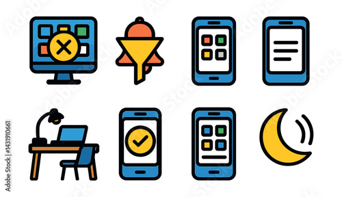 digital minimalism: declutter screen icon, notification filter, limited app set, simplified layout icon, distraction-free workspace, clean phone mode, essential-only view, digital 