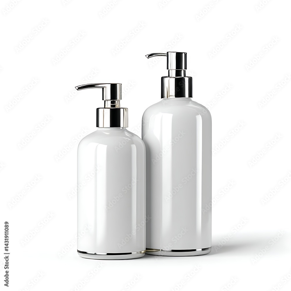 Two white pump bottles, perfect for showcasing lotion, soap, shampoo, or other cosmetic products. Isolated on a clean white background Two white pump bottles, perfect for showcasing lotion, soap, shampoo, or other cosmetic products. Isolated on a clean white background