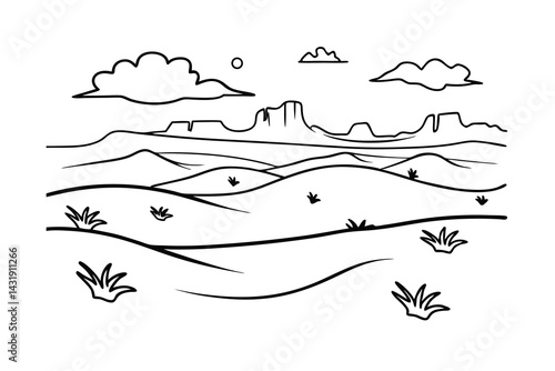Desert landscape outlines with mountains clouds and sparse vegetation minimalist black and white drawing