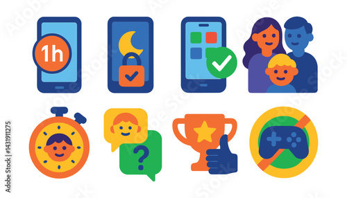 kids digital wellbeing: child screen limit icon, bedtime screen lock, approved apps icon, family wind-down mode, kid-friendly timer, joint reflection prompt, parent reward icon