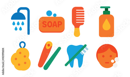 Flat vector icons of body care and hygiene: shower icon, soap bar, hairbrush, body lotion bottle, bath sponge, nail clipper, dental hygiene icon, facial wash symbol.