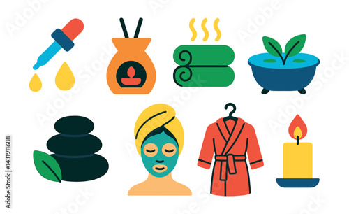 Flat vector icons of spa and relaxation rituals: essential oils dropper, aroma diffuser, warm towel icon, herbal bath, massage stones, face mask, bathrobe hanger, relaxation candle.
