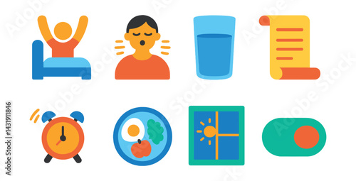 mindful mornings: wake-up stretch icon, sunrise breathing, glass of water, affirmations scroll, soft alarm symbol, healthy breakfast plate, natural light exposure, calm start toggle.