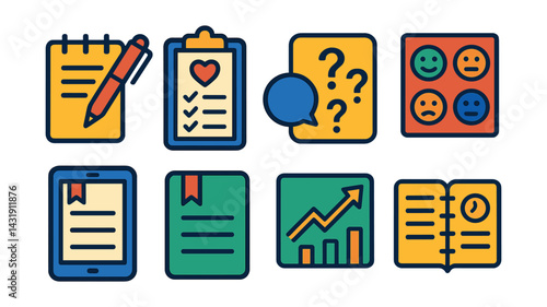  icons of self-reflection and journaling: pen and notepad icon, gratitude log, self-discovery questions, mood sticker sheet, digital diary icon, journal app icon, growth progress tracker
