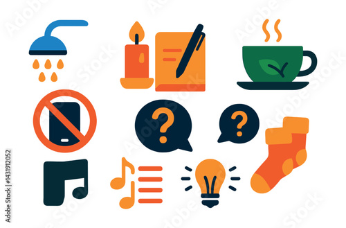 Flat vector icons of evening self-care: warm shower icon, journaling by candlelight, herbal tea cup, screen-off symbol, reflection questions, comfy socks icon, relaxing playlist, lights dimmed icon.