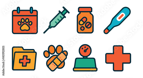 Flat vector icons of pet health and wellness: vet appointment, vaccination syringe, pill dispenser, pet thermometer, health record folder, paw bandage, pet scale, emergency cross icon.