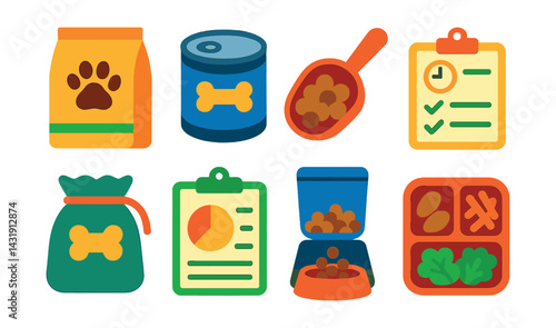 Flat vector icons of pet feeding and nutrition: dry food bag, canned food, portion scoop, feeding schedule, treat pouch, dietary chart, auto feeder, fresh meal tray.