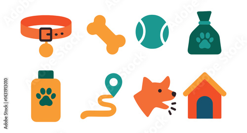 Flat vector icons of dog care: dog collar, bone toy, fetch ball, poop bag, dog shampoo, walking path, bark control icon, dog house.