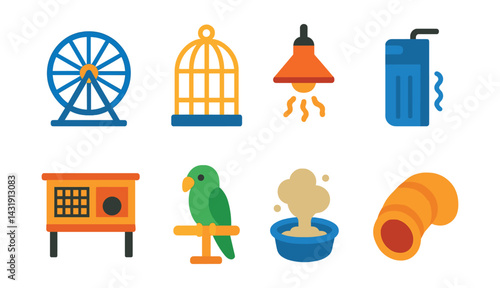 Flat vector icons of exotic and small pets: hamster wheel, bird cage, reptile heat lamp, aquarium filter, rabbit hutch, parrot perch, chinchilla dust bath, ferret tunnel.