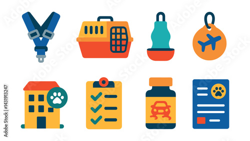 icons of pet travel and transportation: car safety harness, pet crate, travel water bottle, airplane pet tag, pet-friendly hotel icon, road trip checklist, motion sickness aid, travel permit.