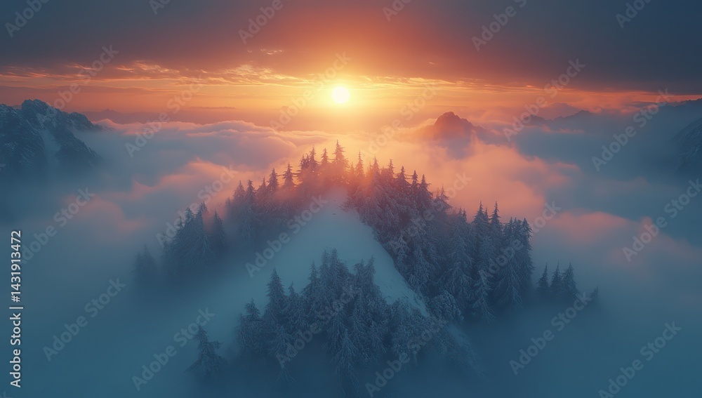 Fototapeta premium Sunset over snowy mountain forest.