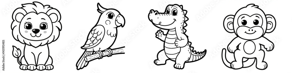 Obraz premium Cute cartoon animals coloring page: lion, parrot, crocodile, monkey outline