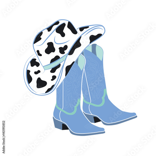 Blue Cowgirl Boots & Cowprint Hat