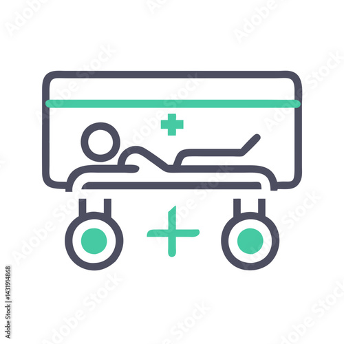 Medical stretcher icon with patient on black background