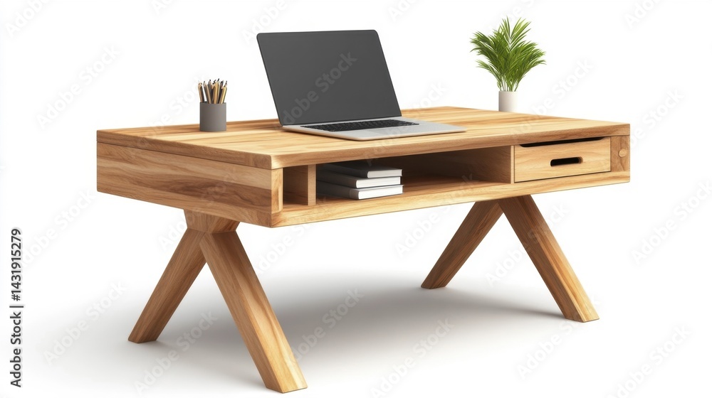 Fototapeta premium Modern wooden desk with laptop plant and stationary. Generative AI