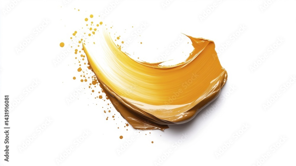 Yellow paint stroke with splashes on white background. Generative AI