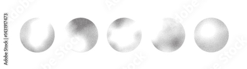 Grain noise dot sphere with gradient spray pattern background vector. Abstract brush round dissolve effect with grainy sand and ink. Sun white black stipple planet fade with halftone shadow ring.