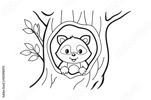 Cute raccoon in tree hollow outline illustration woodland animal forest creature line art clipart for coloring pages