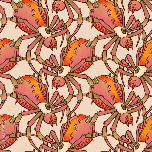 Creepy seamless pattern with mutant spiders in comic horror style, retro texture and warm colors, repeating design on beige background