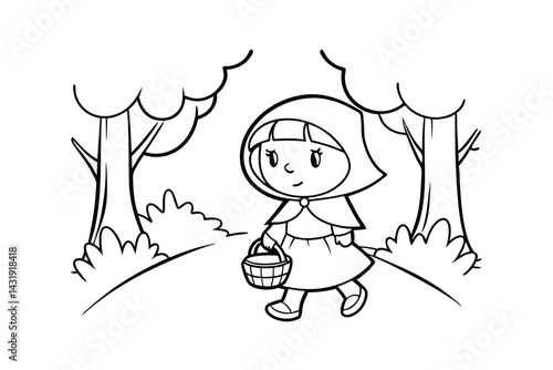 Little red riding hood coloring page outlines in a forest for childrens activity books