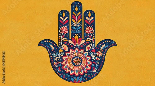 Intricate hamsa hand artwork symbolizing protection digital art vibrant yellow background creative design gigapixel quality
