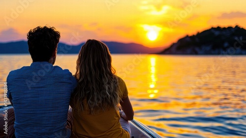 Fototapeta Naklejka Na Ścianę i Meble -  Wealthy couple enjoying a sunset cruise in a luxury speedboat