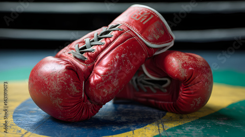 Worn red boxing gloves resting on a colorful gym floor, suggesting intense training sessions and a vibrant sports atmosphere.