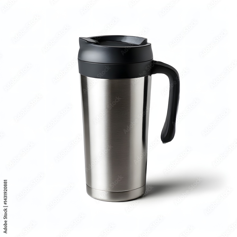 Close up of a metal mug with a handle against white space isolated on white background Close up of a metal mug with a handle against white space isolated on white background