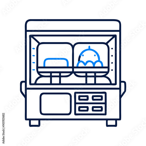 Vending machine filled with plush toys, blue outline