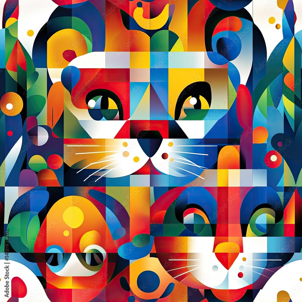 Fototapeta premium Vibrant Geometric Animal Portrait: A Colorful Abstract Cat and Friends Composition