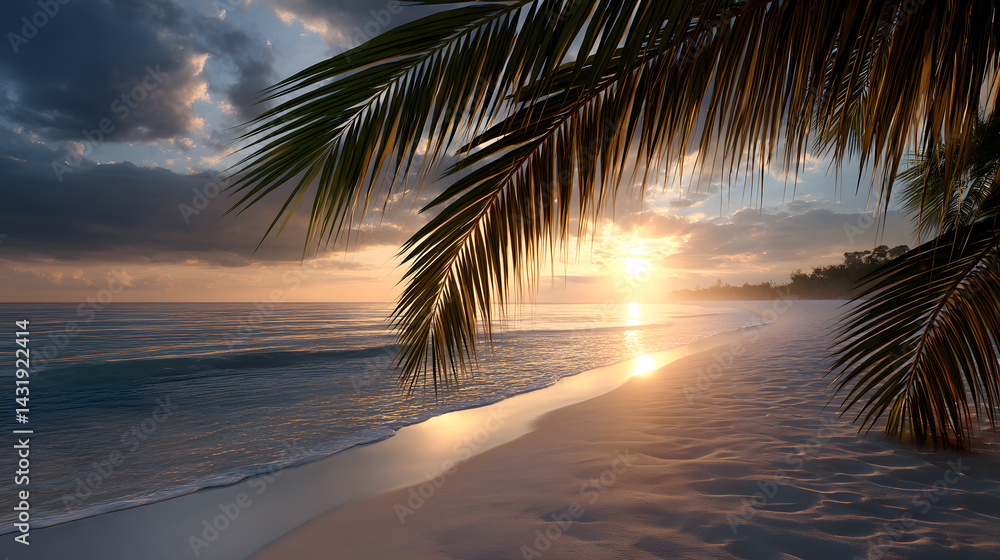 Fototapeta premium Golden rays of sunlight breaking through the palm leaves, casting a serene and calming light over the white sandy beach.