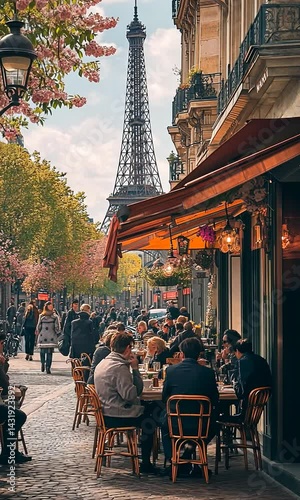 Busy Parisian caf? scene with people dining outdoors, Eiffel Tower in the background, spring ambiance