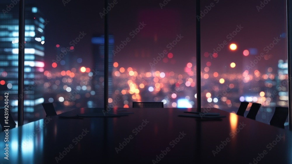 Night city view, empty boardroom meeting Night city view, empty boardroom meeting