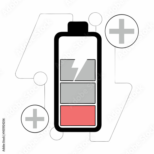 A low battery icon urgently needing a charge, depicted with a cracked energy bar and connecting plus signs in a minimalist design.