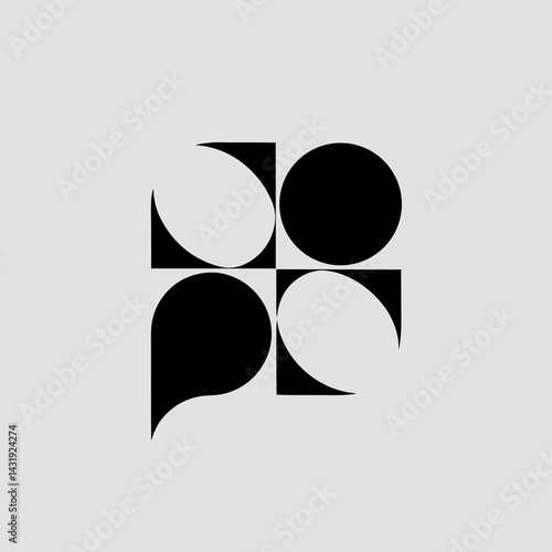 A minimalist black and white abstract design featuring interlocking circles and squares, creating a sense of balance and harmony on a light grey background.