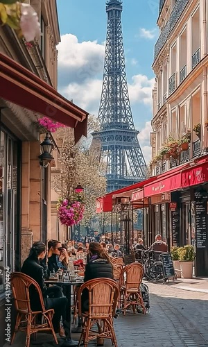 Busy Parisian street caf? scene with Eiffel Tower in background, people enjoying their day